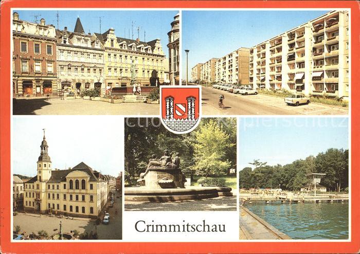 Crimmitschau Markt Strasse der Freundschaft Rathaus Brunnen Sahnbad Wappen