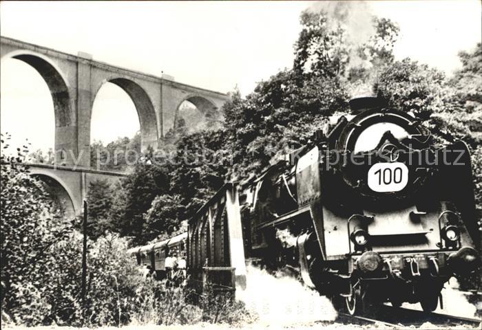 Bad Elster Dampflokomotive Baureihe 62 Jubilaeumszug unter dem Elstertalviadukt