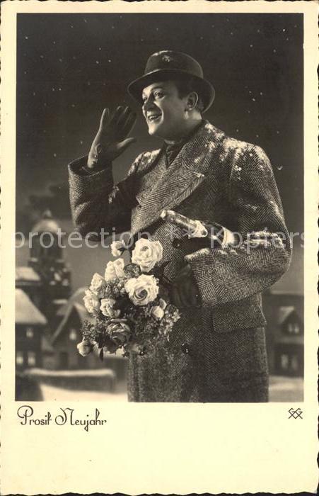 Neujahr Mann Sekt Rosen Hut Winterjacke