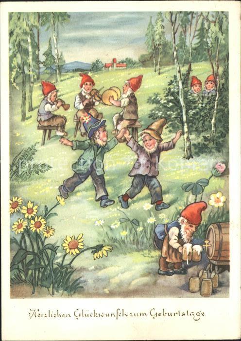 Zwerge Dwarfs Nains Geburtstag Bier Tanz Musikanten Geige Trompete