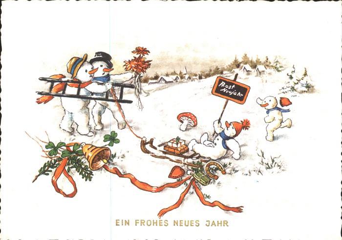 Vermenschlicht Schneemann Neujahr Schlitten Glocke Hufeisen Pilz