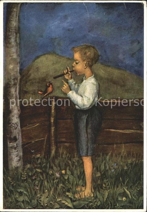 Spoetl Maria Kuenstlerkarte Duett Nr. 399 Kind Floete Vogel