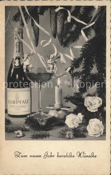 Neujahr Kurpfalz-Riesling Sektglas Kerze Blumen Tannenzapfen