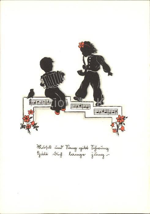 Scherenschnitt Schattenbildkarte Kinder Handharmonika Saxophon Vogel