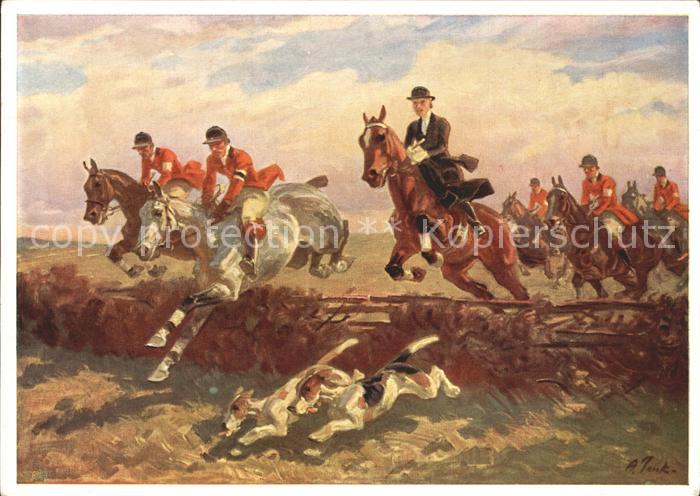 Jagd Parforcejagd Kuenstlerkarte Angelo Jank Hinter den Hunden