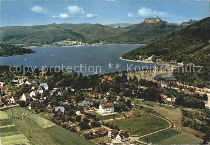 Edersee mit Sperrmauer und Schloss Waldeck Fliegeraufnahme