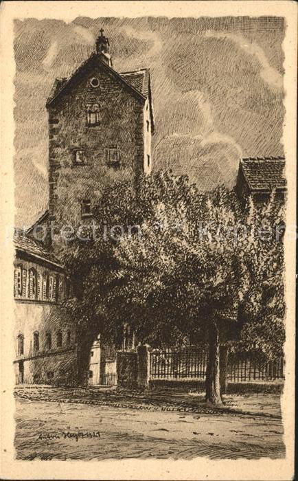 Bad Orb Teil der frueheren Stadtbefestigung jetzt Amtsgerichtsgefaengnis Zeichnu