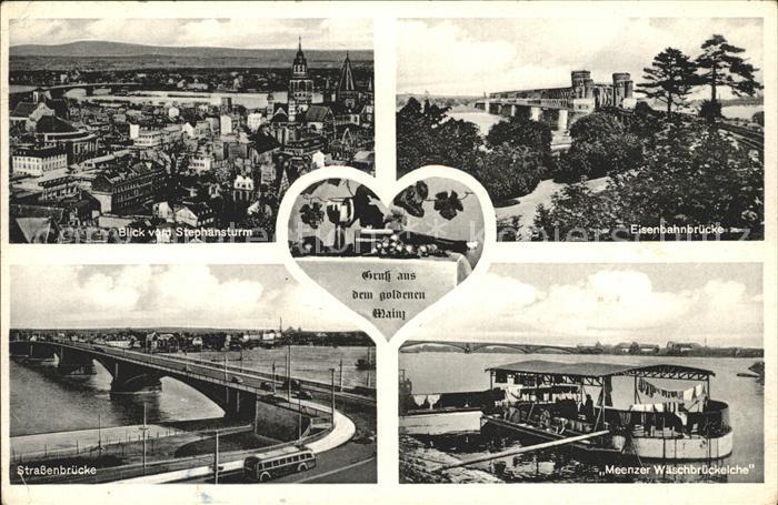 Mainz Rhein Blick vom Stephansturm Eisenbahnbruecke Strassenbruecke Meenzer Waes