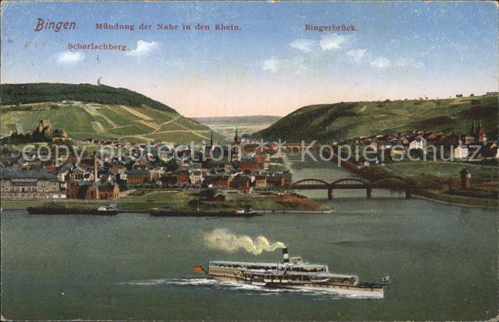 Bingen Rhein Muendung der Nahe in den Rhein mit Bingerbrueck und Scharlachberg R