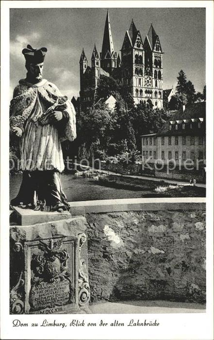 Limburg Lahn Statue Dom Blick von der alten Lahnbruecke
