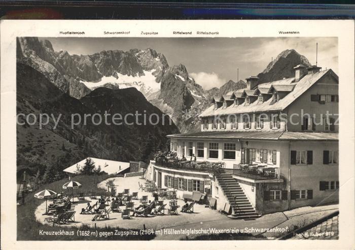 Kreuzeckhaus gegen Zugspitze Hoellentalgletscher Schwarzenkopf Serie Deutsche He