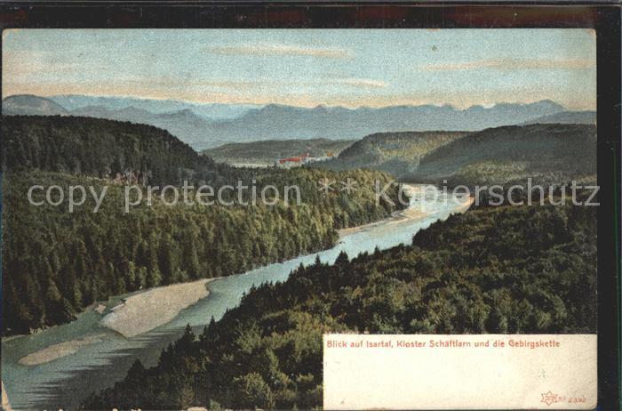 Muenchen Bayern Blick auf Isartal Kloster Schaeftlarn und die Gebirgskette