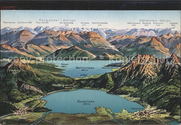 Walchensee mit Kochelsee Panoramakarte