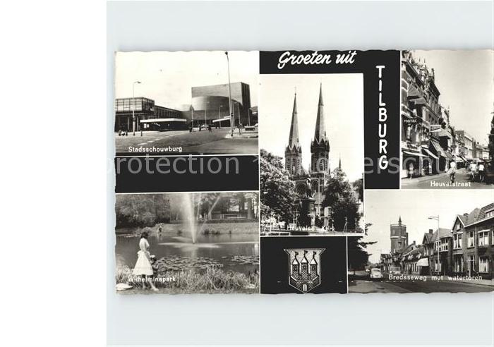 Tilburg Stadsschouwburg Heuvelstraat Wilhelminapark Bredaseweg met watertoren