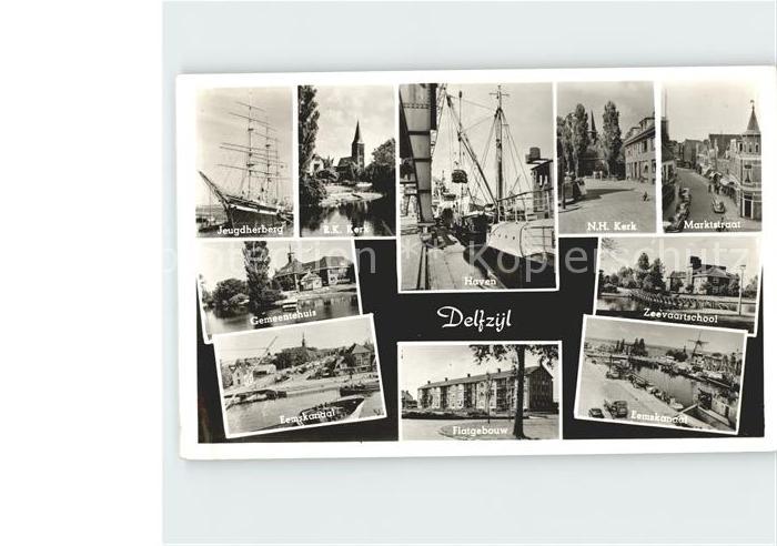 Delfzijl Jeugdherberg Kerk Haven Marktstraat Gemeentehuis Zeevaarrschool Eemskan