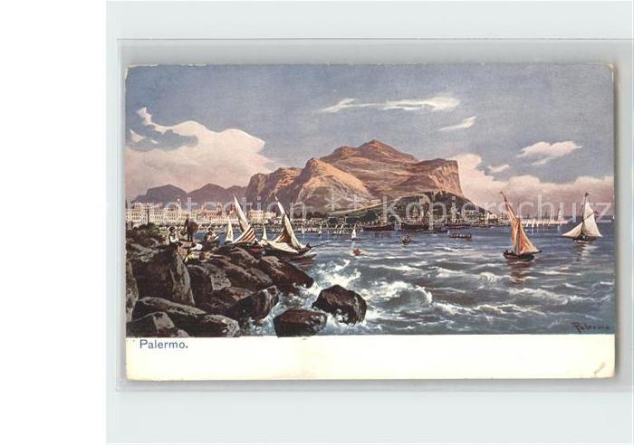 Palermo Sicilia Panorama Segelschiffe Kuenstlerkarte
