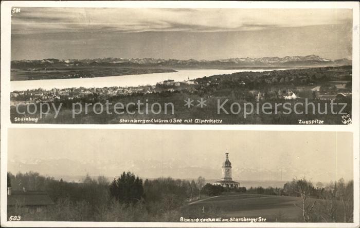 Starnberg Starnbergersee Bayern mit Alpenkette Zugspitze und Bismarckdenkmal