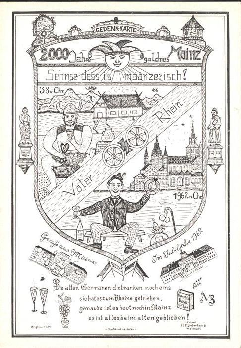 Mainz Rhein Gedenkkarte 2000 Jahre goldnes Mainz Vater Rhein Kuenstlerkarte
