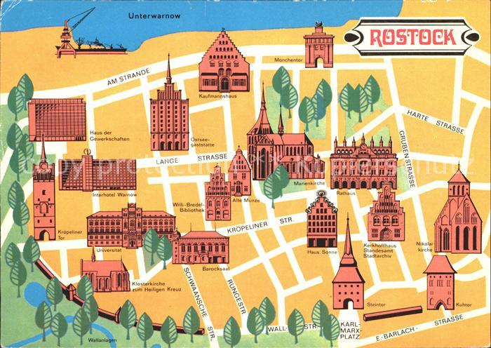 ROSTOCK  CITY Bauwerke und Sehenswuerdigkeiten uebersichtskarte