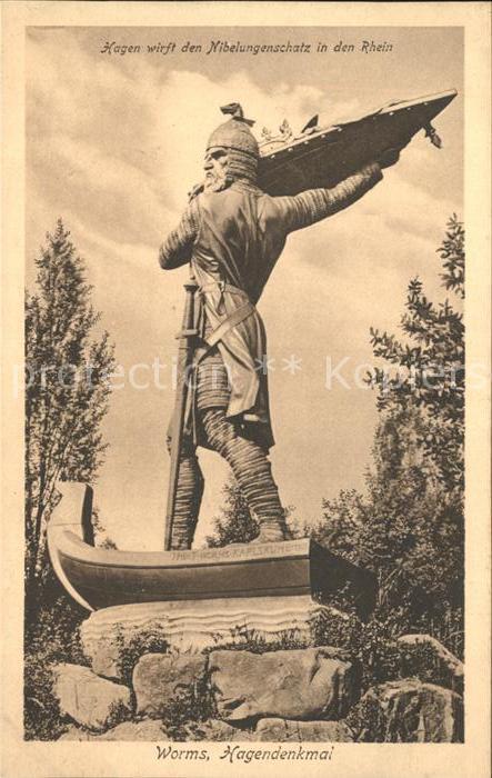 Worms Rhein Hagendenkmal Hagen wirft den Nibelungenschat in den Rhein