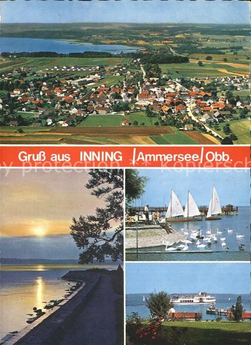 Inning Ammersee Fliegeraufnahme Segelschiffe Fahrgastschiff Abendstimmung