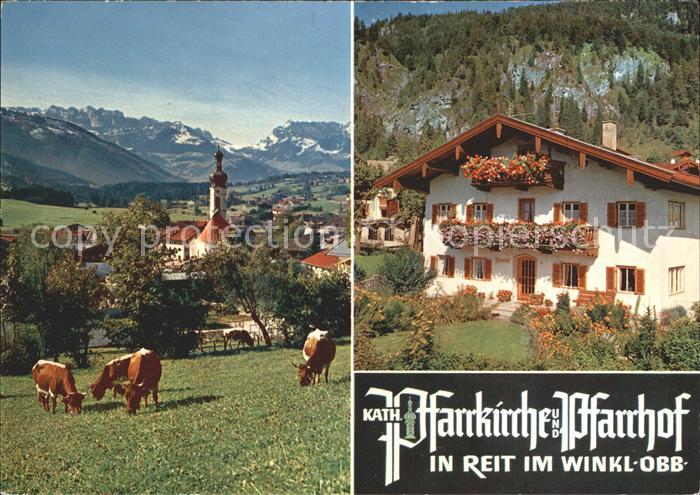 Reit Winkl Ortsansicht mit Pfarrkirche Pfarrhaus Kuehe Alpenpanorama