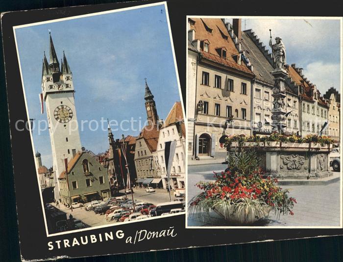 Straubing Ludwigsplatz mit Stadtturm und Jakobsbrunnen
