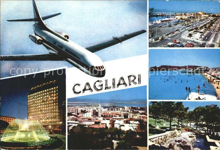 Cagliari Teilansichten Hotel Springbrunnen Strand Passagierflugzeug