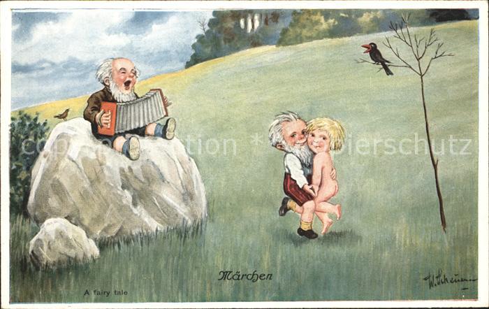 Zwerge Dwarfs Nains Handharmonika Tanz Rabe Maerchen A fairy tale