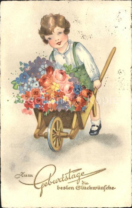 Geburtstag Kind Blumen Schubkarre