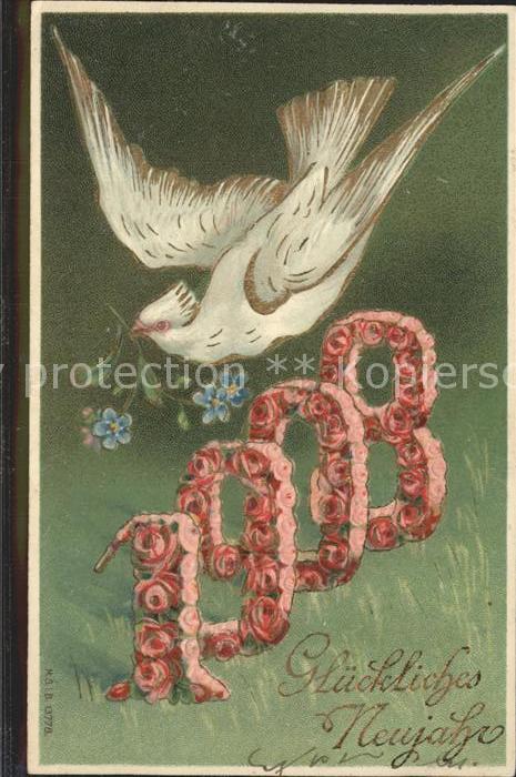 Jahreszahl 1908 Taube Neujahr Rosen Vergissmeinnic