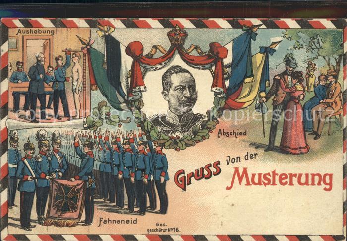 Musterung Wilhelm II. Abschied Aushebung Fahneneid Litho