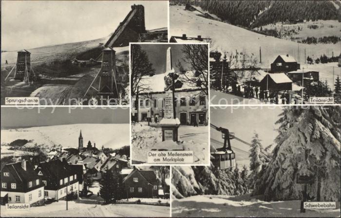 Oberwiesenthal Erzgebirge Sprungschanze Meilenstein am Marktplatz Teilansicht Sc