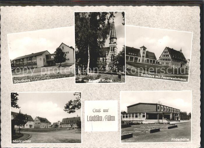 Leinfelden Schulhaus Ev Kirche Rathaus mit Feuerwehrhaus Marktplatz Filderhalle