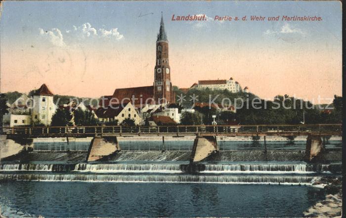 Landshut Isar Partie am Wehr mit Martinskirche