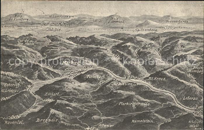 Vogesen Vosges Region Panoramakarte vom Schlachtfeld Markirch und Umgebung