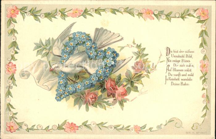 Tauben Herz Vergissmeinnicht Rosen Gedicht Litho