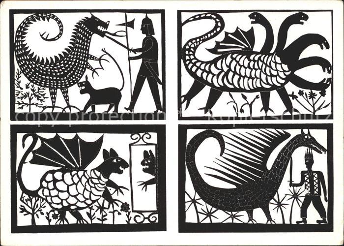 Scherenschnitt Schattenbildkarte Muenchner Sage Dohle mit Geschmeide