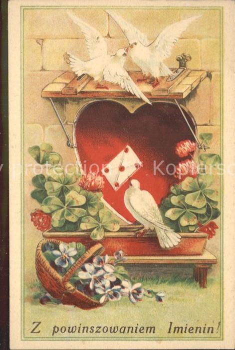 Tauben Brief Herz Kleeblatt Veilchen Litho