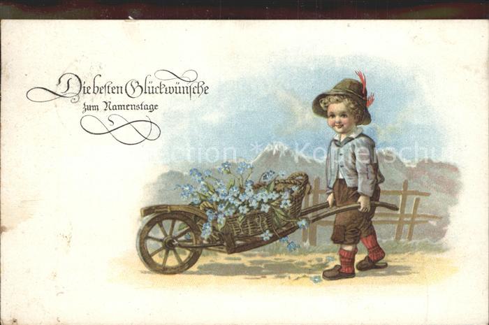 Namenstag Namenskarte Kind Schubkarre Vergissmeinnicht Litho