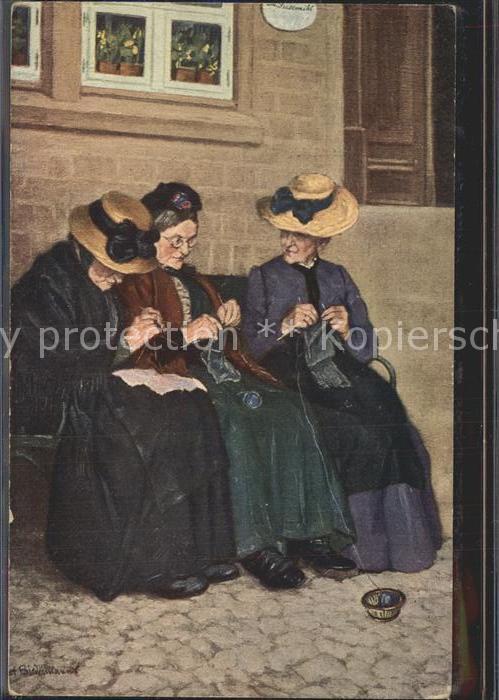 Kuenstlerkarte Albrecht Biedermann Frauen Handarbeit stricken