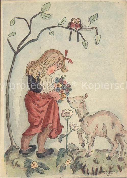 Kuenstlerkarte Marianne Haendel Kind Lamm Blumen Voegel