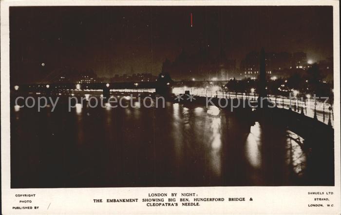 London by Night The Embankment showing Big Ben Hungerford Bridge and Cleopatras