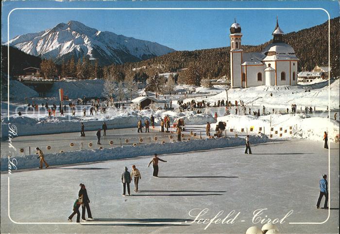 Seefeld Tirol Eislaufplatz mit Seekirchl und Hocheder