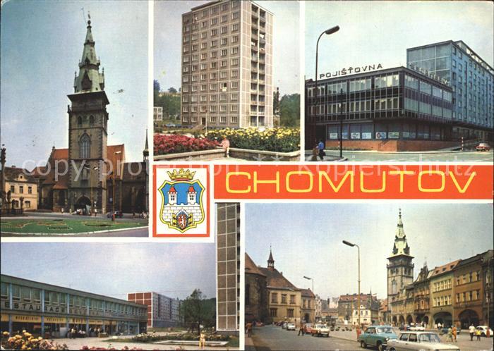 Chomutov Kirche Hochhaus Hotel Strassenpartie