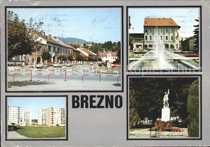 Brezno Strassenpartie Wasserspiele Denkmal Statue Siedlung Hochhaeuser