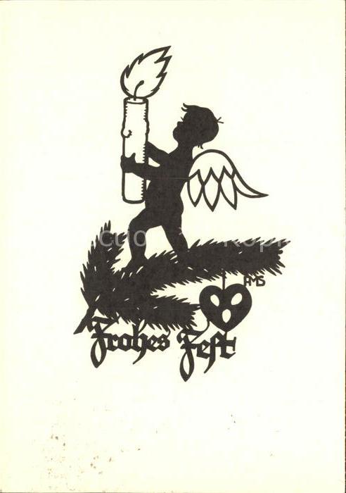 Scherenschnitt Schattenbildkarte A. M. Schwindt Frohes Fest Engel Kerze Weihnach