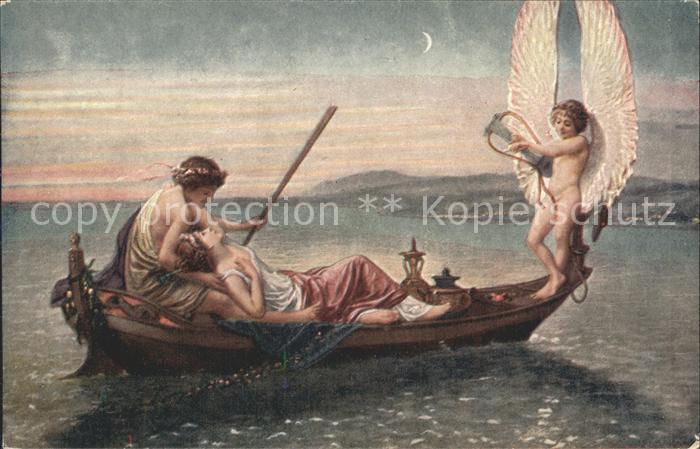 Kuenstlerkarte Maillart Barcarolle Boot Paar Engel Harfe