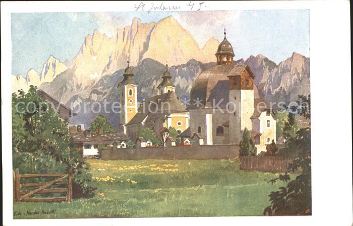 St Johann Tirol Antoniuskapelle und Pfarrkirche Wilder Kaiser Kuenstlerkarte
