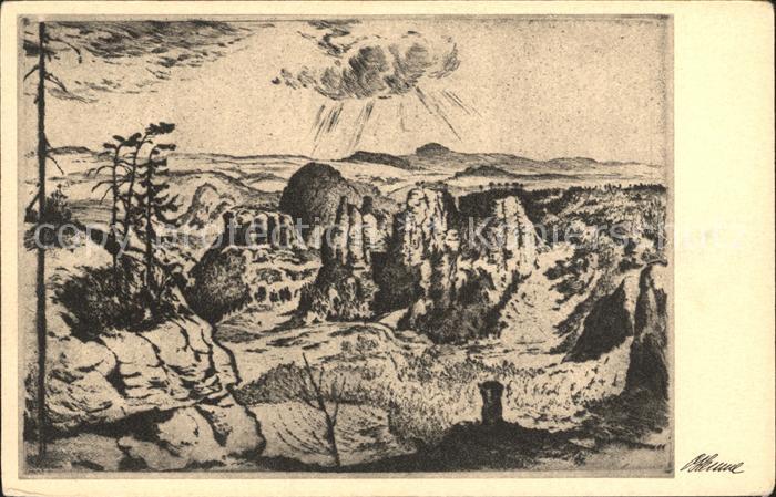 Saechsische Schweiz Partie zwischen Gr und Kl Winterberg Radierung